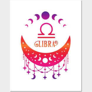 Rainbow Ombre Moon Phases and Libra Zodiac Symbol Posters and Art